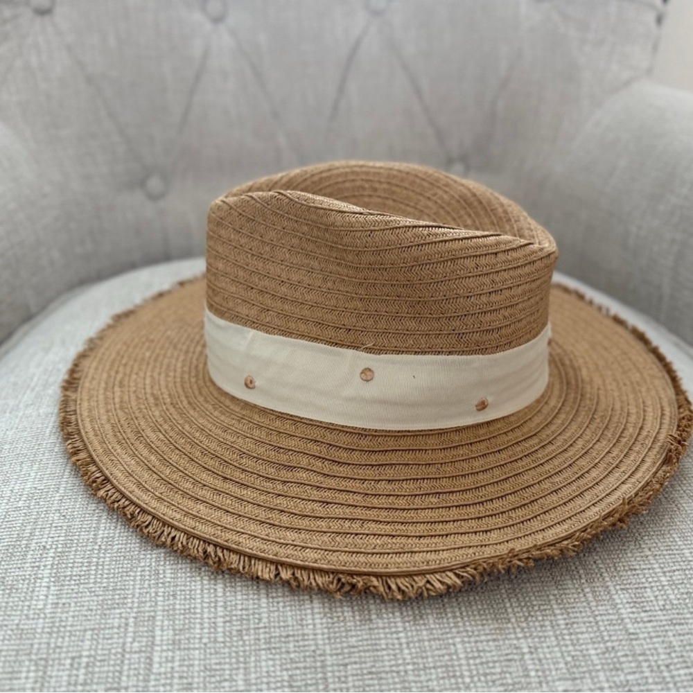 Kensie Tan Straw Sun Hat with Gold Thread Polka Dots on Cream Colored Hat Band